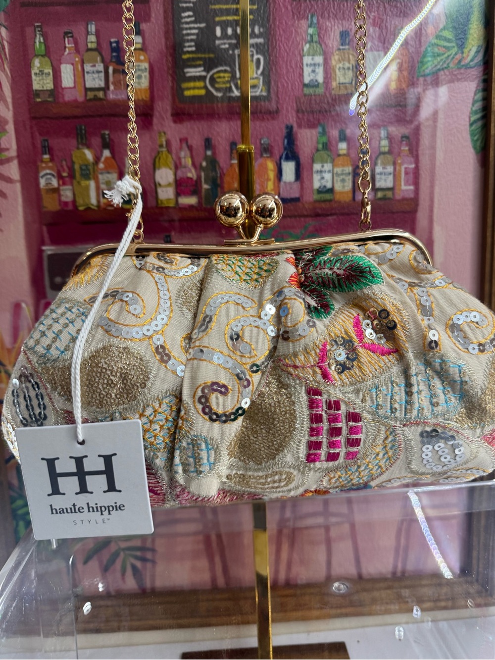 NWT Haute Hippie KISS LOCK Embroidered Sequin Bag Gold Tone Chain Strap